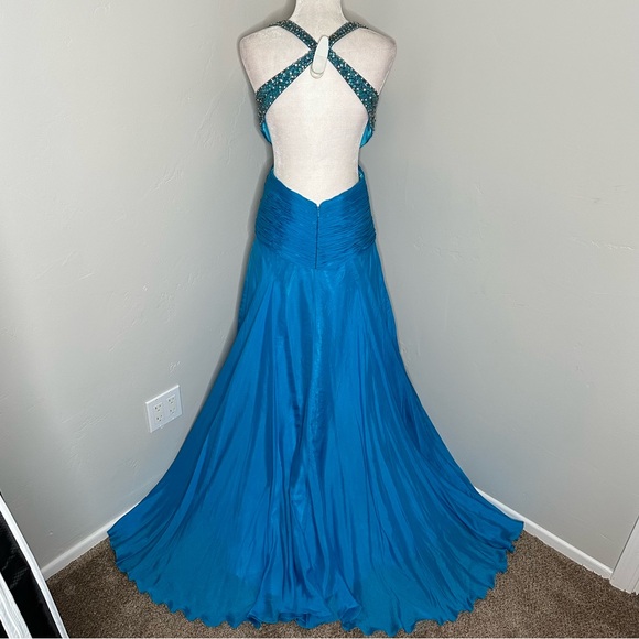 Jovani Silk Turquoise & Silver Beaded Prom Pageant Dress - Picture 4 of 7